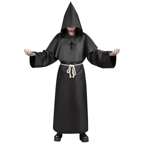 Aomig Disfraz de Monje Halloween, Disfraz de Sacerdote Medieval con Cruz y Capucha, Disfraz de Monje Sacerdote Medieval Renacimiento Traje, Disfraz Halloween Adulto para Fiestas Carnaval, Negro-2XL