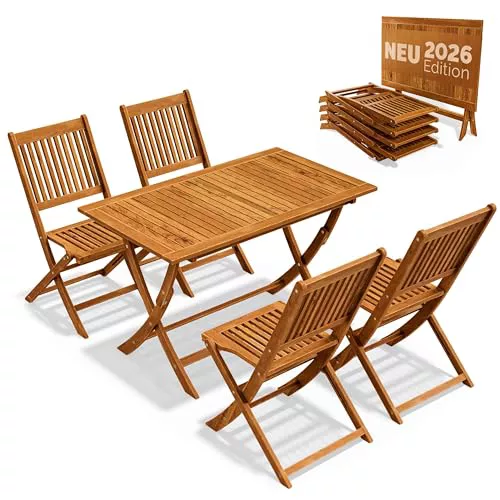 CASARIA® Juego de Muebles de Jardín 5 Piezas Modelo 2026 Mesa Extra Estable con Refuerzo Madera Acacia FSC® 4 Sillas Plegable Set Comedor Exterior Resistente Intemperie Balcón Terraza