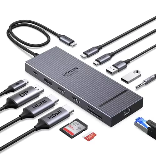 UGREEN Revodok Pro 3121 10Gbps Hub USB C Doble HDMI 4K60Hz DisplayPort 4K120Hz 12 En 1 Docking Station USB C PD 100W Adaptador Ethernet Lector de Tarjeta SD TF Jack 3.5mm