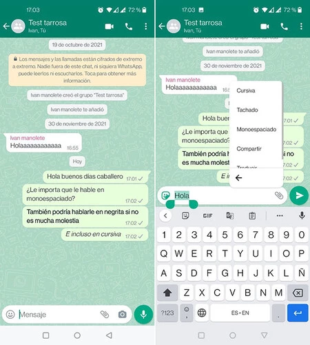WhatsApp では、単語やフレーズを太字、斜体、取り消し線、等幅で書式設定できます