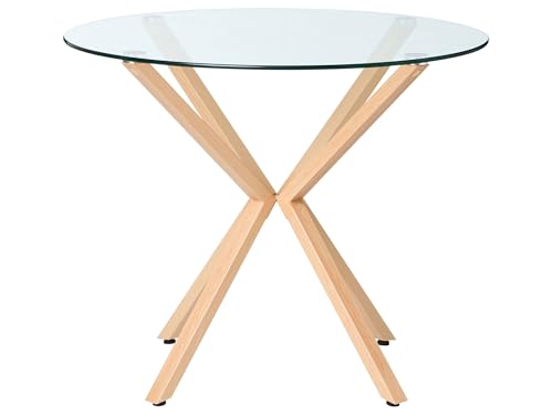 Beliani Mesa de Comedor Redonda escandinava Tablero de Vidrio Templado ø 90 cm Madera Clara Altura