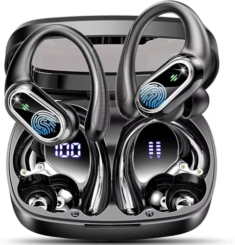 Auriculares Inalambricos Deportivos, Auriculares Bluetooth 5.3 con HD Mic y Reducción de Ruido ENC, 50H Cascos Inalambricos Bluetooth HiFi Estéreo, Pantalla LED, IP7 Impermeable Cascos para Deportes