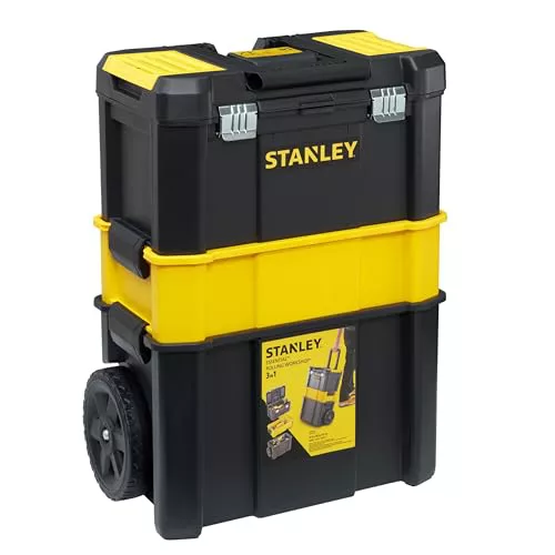 STANLEY Taller Móvil Essential para Herramientas 3 en 1, Caja de herramientas 45cm, Asa Plegable, Organizadores en Tapa, Cierres Metálicos, Ruedas 18cm, STST1-80151