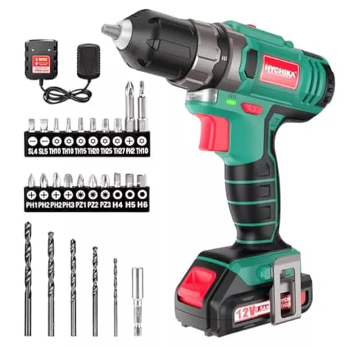 Taladro Atornillador 12V, HYCHIKA Destornillador Eléctrico, 30N.m Atornillador Eléctrico, 21+1 Ajustes Par, 2 Velocidad ajustable, 25 Accesorios, Luz LED, Atornillador a Batería, Cargador Rápido