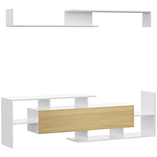 HOMCOM Muebles de Salón Conjunto Muebles de TV para Televisiones de Pared hasta 65" o de Pie hasta 40"con Mesa para Televisor 153,6x25x42 cm y Estante de Pared 150x14,5x16,3 cm Blanco y Natural