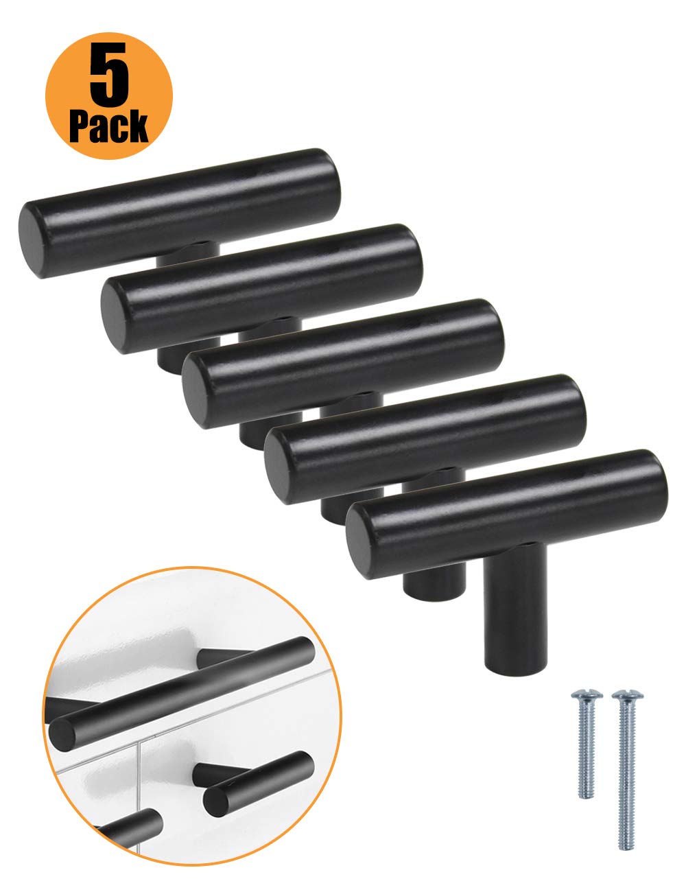 PinLin 5 Pieces Kitchen Handles Single hole Black Stainless Steel Cupboard Handles Furniture Handles, Screws included 