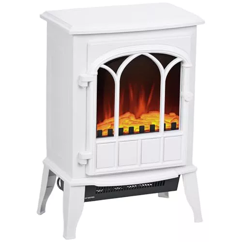 HOMCOM Chimenea Eléctrica de Pie 1000W/2000W Chimenea Decorativa con Ventana Efecto de Llama Temperatura Ajustable y Protección Sobrecalentamiento para 15-30 ㎡ 39x23x56,5 cm Blanco