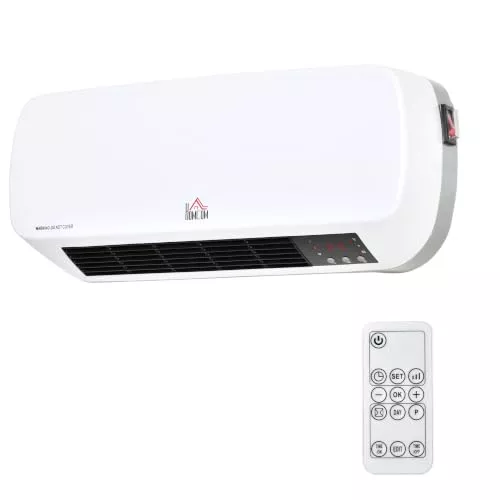 HOMCOM Calefactor Eléctrico Bajo Consumo 1000W/2000W Pantalla LED Blanco | PTC Calefactor de Baño de Pared, IPX2, 3 Modos, Protección contra Sobrecalentamiento, Temporizador, Mando, para 20-25㎡