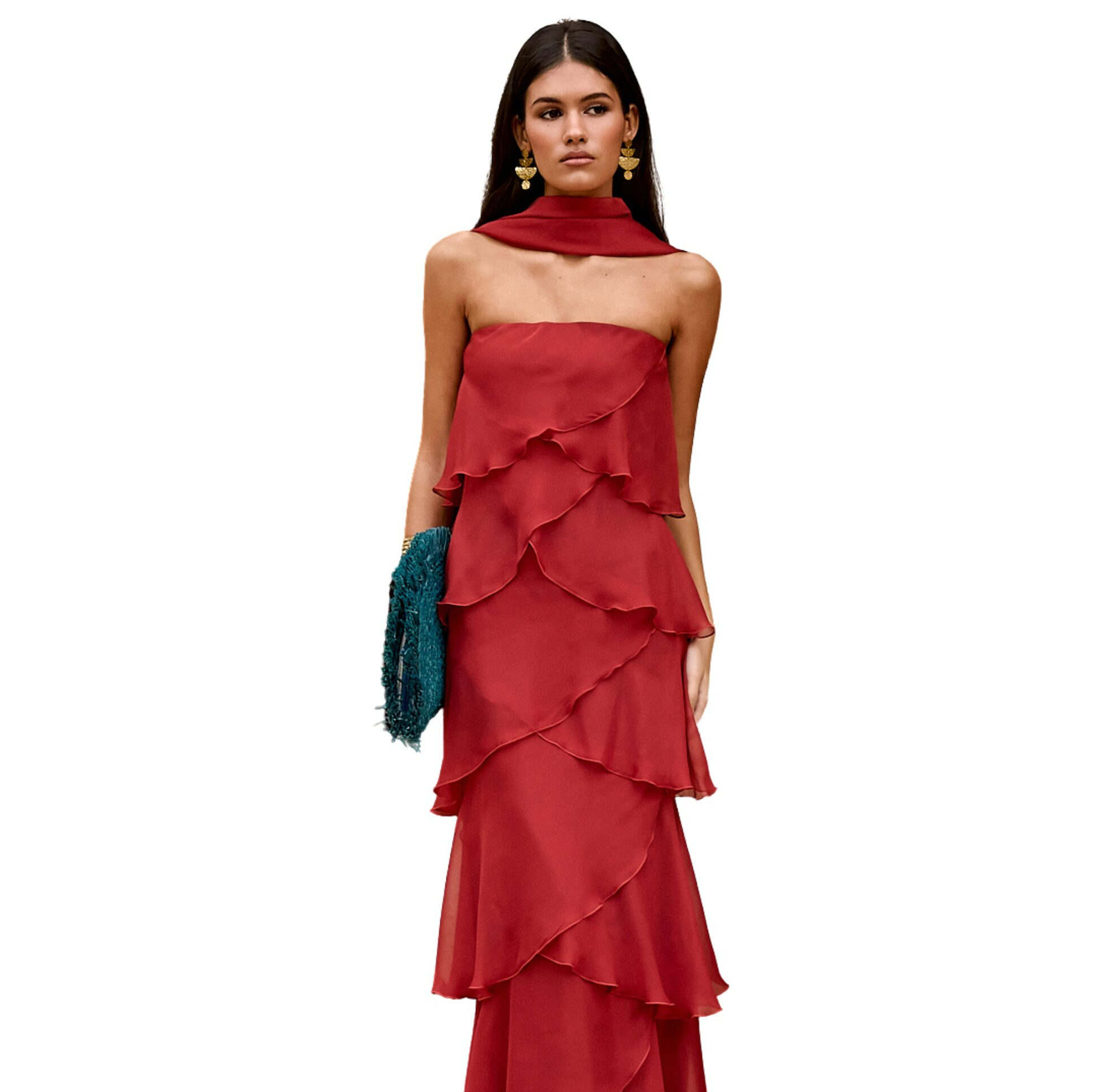 Vestido midi con escote palabra de honor y volantes MIPHAI