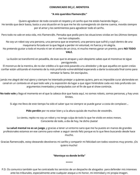El comunicado de Montoya