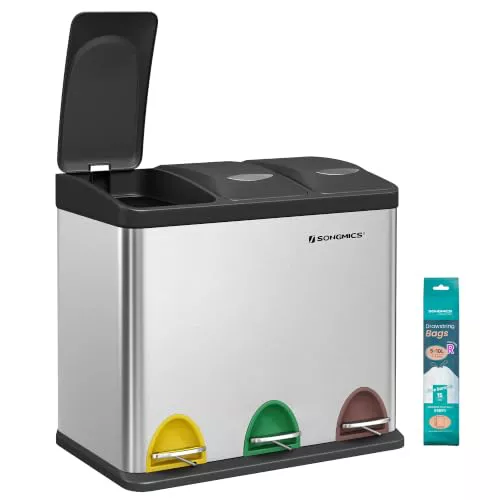 SONGMICS Cubo Triple para Cocina, 24 L, 3 x 8 L, Pedal, Acero