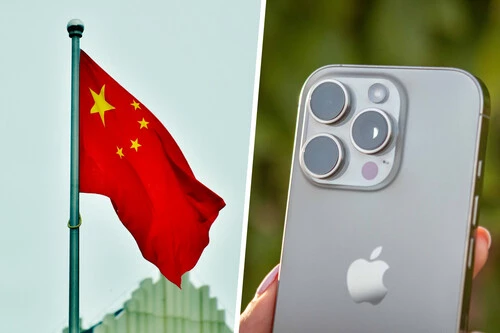 Composición con foto de la bandera de China e imagen del iPhone 16 Pro