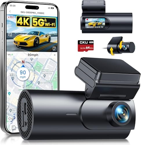 GKU Dashcam Cámara Coche 4K+1080P, 5GHz WiFi &GPS, 1.5'' IPS Dash CAM Coche con Tarjeta SD de 64GB,Camara Coche Grabadora,170° Gran Angular,Visión Nocturn,WDR,Sensor G,Monitor de Aparcamiento