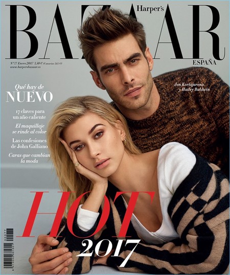 Jon Kortajarena y Hailey Baldwin predicen un 'HOT 2017' en la primera portada del año de Harper's Bazaar España
