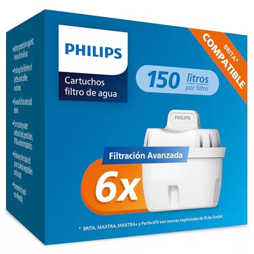 Philips Water Cartuchos de filtro de agua de repuesto Filtración Avanzada, pack de 6 filtros, compatible con Brita, reduce los MICROPLÁSTICOS, el CLORO, la CAL, los METALES PESADOS