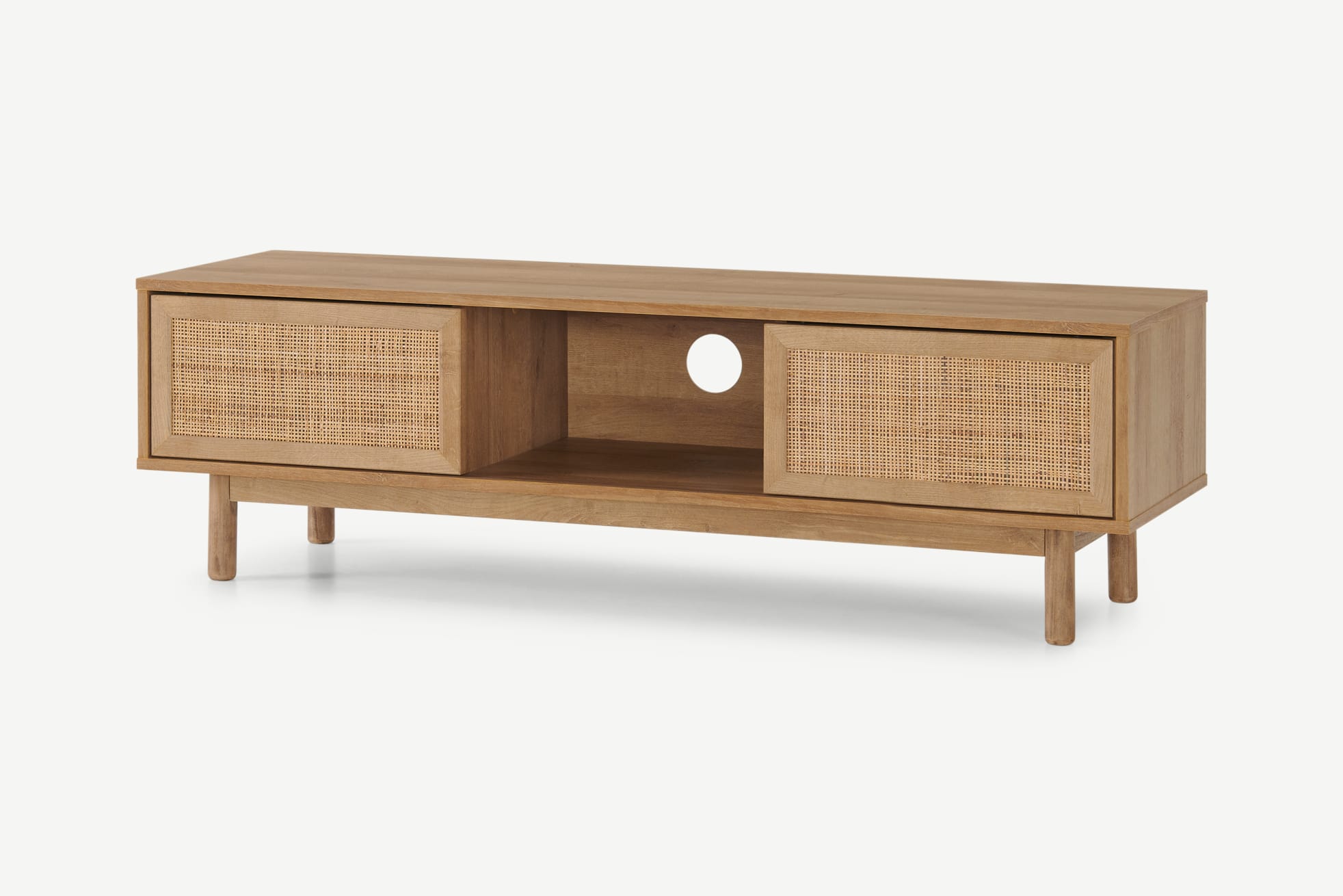 Mueble multimedia ancho Pavia, ratán natural y efecto roble