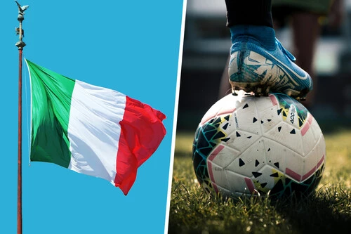 Composición con foto de la bandera de Italia y un balón de fútbol