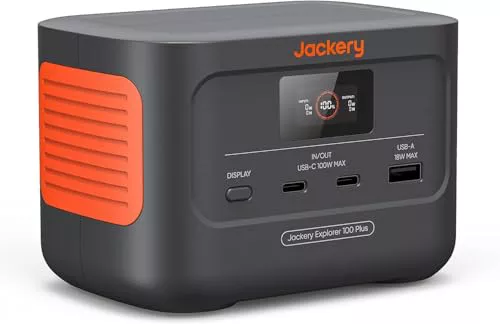 Mini Estación de Energía Portátil Jackery Explorer 100 Plus, 99Wh/31000mAh Batería LiFeP04 Duradera, 3 Puertos USB-A/C 128W Salida Max, Tamaño de Palma de mano para Viajes de Negocios, Excursiones