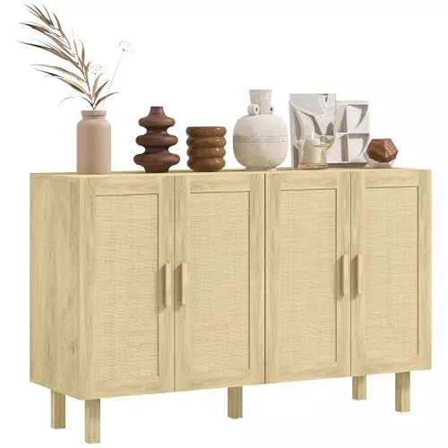 HOMCOM Aparador 4 Puertas de Rejilla de Ratán Aparador para Salón Nórdico con Estantes Ajustables para Comedor Entrada Dormitorio Natural 120x39,5x76 cm
