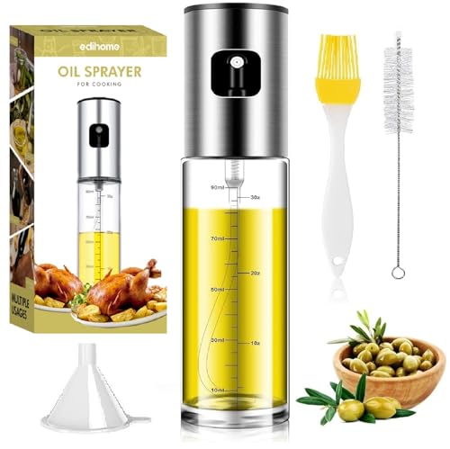 edihome, Pulverizador Aceite Spray, para Cocina, de Acero Inoxidable y Cristal,100 ml, Antigoteo, Accesorios Freidora de Aire, Dispensador, Bote, Dosificador