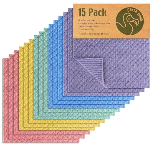 Green Dodo Paños de Cocina suecos para Cocina, Paquete de 15, paños de Cocina ecológicos biodegradables y sostenibles, paños de Cocina absorbentes y sin Olor para Cocina, Alternativa a Toallas de