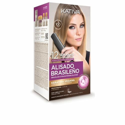 Kativa Kit Alisado Brasileño para Cabello Rubio Teñido o con mechas - Nueva fórmula con Keratina Vegana - Tratamiento Alisado Profesional en Casa - Hasta 12 Semanas de duración - Fácil de aplicar