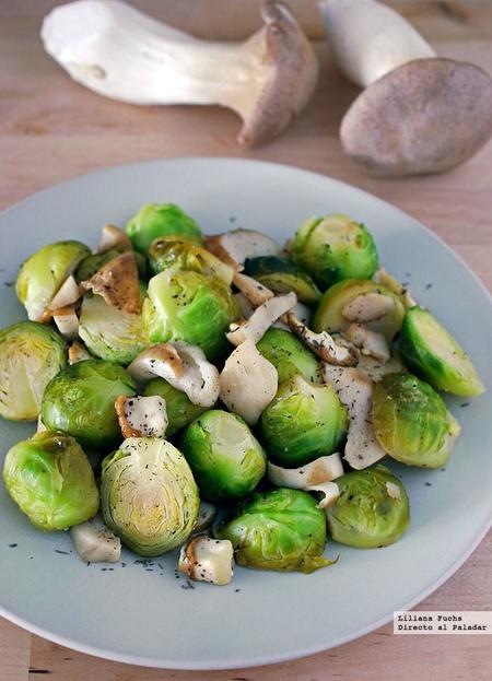 Salteado de coles de bruselas con boletus. Receta ligera