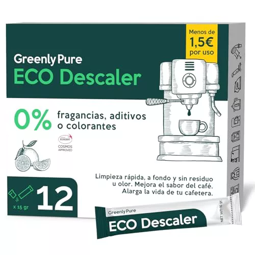 GREENLY PURE Descalcificador de Cafetera Ecológico Universal, 100% Ácido Cítrico en Polvo de Grado Alimenticio, Limpieza Antical Agua, 12 uds x 15 gr