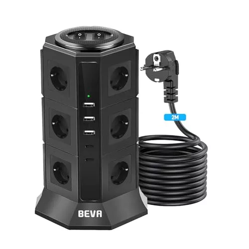 BEVA Regleta Enchufes Vertical de 12 Tomas Corrientes y 5 Rápida USB Tomas, Ladron Enchufe de Corriente con Protección contra Sobrecargas y Interruptores, Cable de 2M, 2500W/10A Black