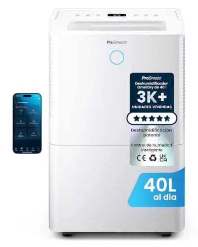 Pro Breeze® deshumidificador inteligente 40L/día con Wi-Fi, sensor automático, modo ropa