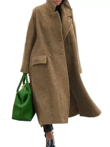 Abrigo largo de invierno de gran tamaño para mujer, mezcla de lana cálida, marrón, M