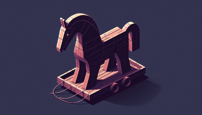 Ilustración decorativa generada con IA de un caballo de Troya