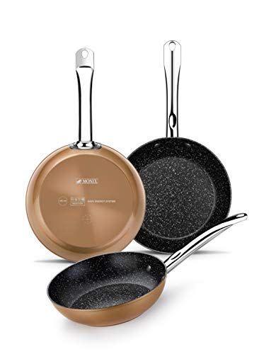 Monix Copper Set de 3 Sartenes 20-24-28 cm, Efecto Cobre, Aluminio Forjado Antiadherente con Partículas de Titanio, Aptas para Todo Tipo de Cocinas incluso Inducción