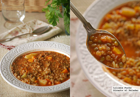 Guiso de lentejas verdes con bulgur. Receta vegetariana