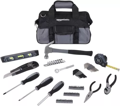 Amazon Basics Juego de herramientas básicas de reparación para el hogar, 65 unidades, con bolsa