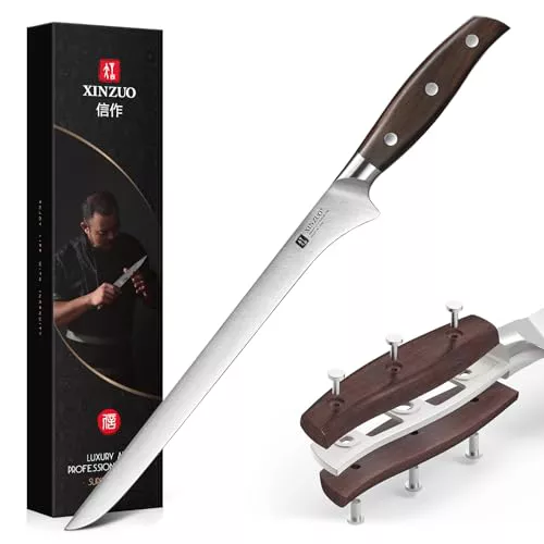 XINZUO 25.5cm Cuchillo Jamonero, Acero Inoxidable Alemán 1.4116 Cuchillo para Jamón Afilado Profesional Cuchillo de Trinchar -Cuchillo Cimeter para Jamón, Carne, Pescado -Mango de Red Sandalwood