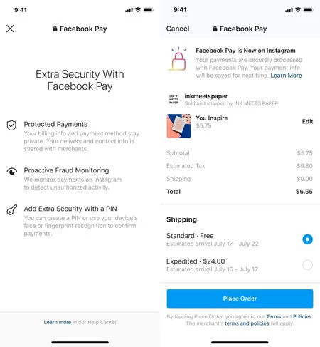 Facebook Payを使用したInstagram Shopでの支払い