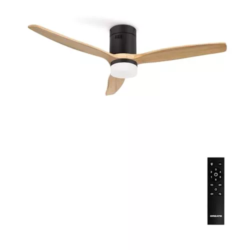 CREATE/WINDCALM/Ventilador de techo ABS con luz negro aspas efecto madera clara y mando