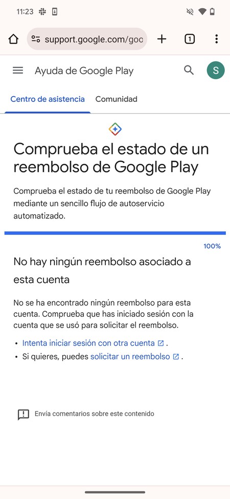 Captura de pantalla mostrando la herramienta para consultar el estado de un reembolso de Google Play