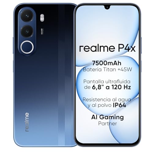 Smartphone realme P4X 4G, 4GB+128GB, Pantalla LCD 120Hz 6,8",7500mAh, Carga rápida 45W, Carga inversa 6W, Antichoque MIL-STD 810H, IP64, Sistema Next IA, Azul Fantasma (Sin Cargador)