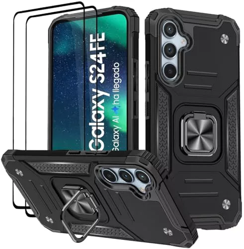 KANSi Funda para Samsung Galaxy S24 FE, Cristal Vidrio Templado [2 Piezas] Capa Anillo iman Soporte Hard PC y Silicona TPU Antigolpes Armor Carcasa - Negro