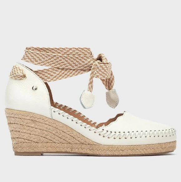 Sandalias de cuña de mujer de piel con cintas para atar al tobillo Blanco Pikolinos

