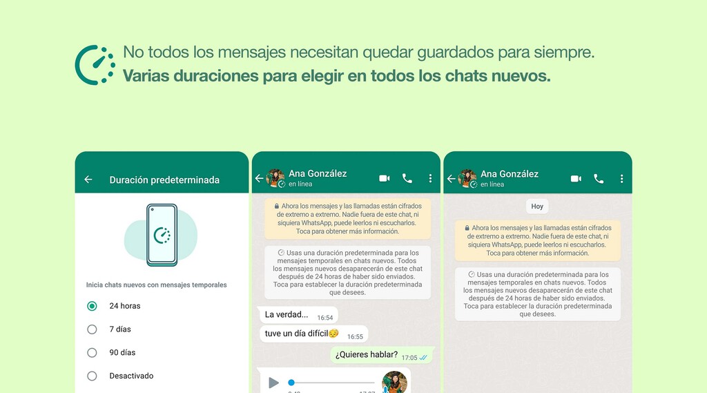WhatsApp mejora sus mensajes temporales: ahora se eliminan en 24 horas, 7 días y hasta 90 días para 