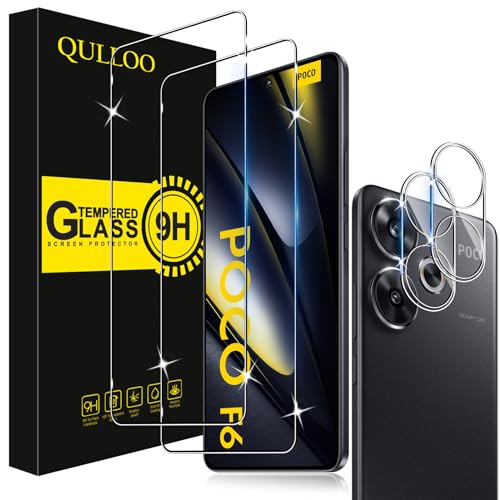 QULLOO Protector de Pantalla para Xiaomi Poco F6 5G, 2 Piezas Cristal Templado y 2 Piezas Protector de Lente de Cámara