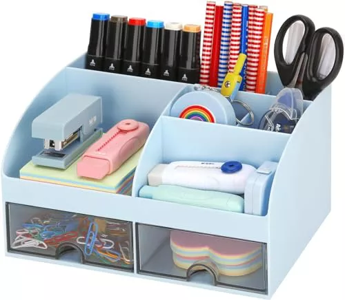 KAHEIGN Organizador de Escritorio con 2 Cajones, 19CM x 14CM Organizador de Escritorio Multifuncional Portalápices de Gran Capacidad Organizador de Maquillaje para Oficina Escuela Hogar Mesa (Azul)