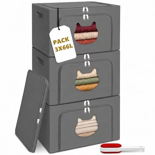 RICHXEL Cajas Almacenaje Ropa 66L Pack 3 (198L total) Rígida Ventana Gato