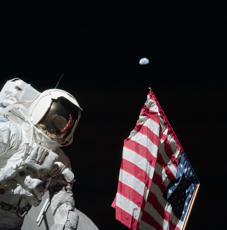 Astronaut Harrison Jack Schmitt American Flag And Earth Apollo 17 Eva 1
