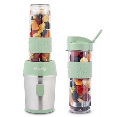 H.Koenig Mini batidora Smoothie maker Compacto 570mL SMOO18 Sin BPA Potente 300W, Batidora de Smoothie 2 Botellas Portátiles, 4 Cuchillas de Acero Inoxidable, verde pastel
