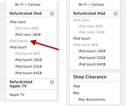 El iPod Classic empieza a desaparecer de la sección refurbished de algunas Apple Store online
