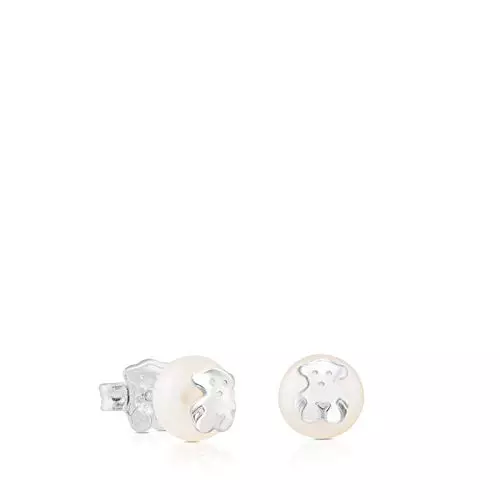 TOUS Pendientes de Plata de Primera Ley sobre Perlas 8mm para Mujer con Cierre a Presión, Motivo Oso, Clásicos y Elegantes, Colección Icon Pearl